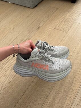 Hoka Women’s Light Gray Athletic Shoes with Coral Logo